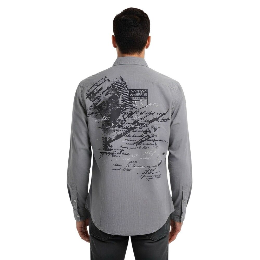 Guess Men's Button Down Shirt Medium Y2k Edgy Gothic Streetwear Biker Back Print